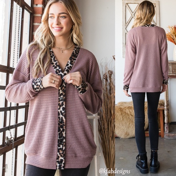 LAST 2! Animal Print Contrast Button Down Soft Waffle Knit Shacket w/Pockets! - Picture 2 of 7